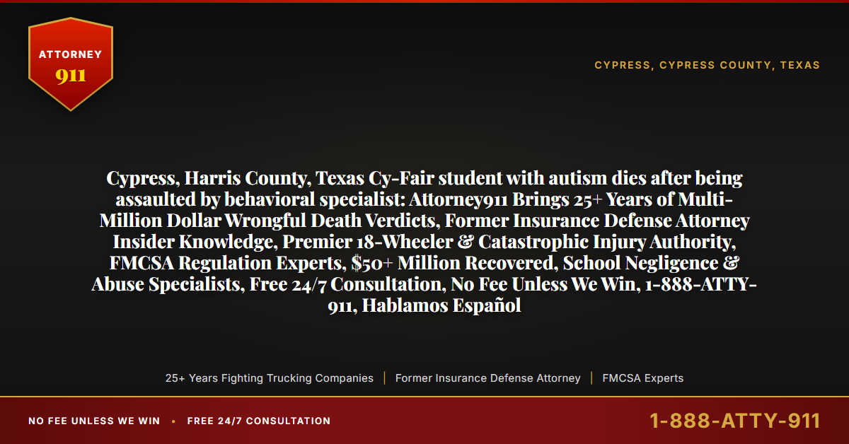Cypress, Harris County, Texas Cy-Fair student with autism dies after being assaulted by behavioral specialist: Attorney911 Brings 25+ Years of Multi-Million Dollar Wrongful Death Verdicts, Former Insurance Defense Attorney Insider Knowledge, Premier 18-Wheeler & Catastrophic Injury Authority, FMCSA Regulation Experts, $50+ Million Recovered, School Negligence & Abuse Specialists, Free 24/7 Consultation, No Fee Unless We Win, 1-888-ATTY-911, Hablamos Español - Attorney911
