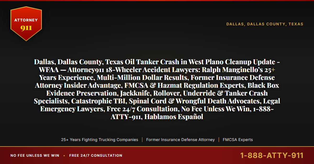 Dallas, Dallas County, Texas Oil Tanker Crash in West Plano Cleanup Update - WFAA — Attorney911 18-Wheeler Accident Lawyers: Ralph Manginello’s 25+ Years Experience, Multi-Million Dollar Results, Former Insurance Defense Attorney Insider Advantage, FMCSA & Hazmat Regulation Experts, Black Box Evidence Preservation, Jackknife, Rollover, Underride & Tanker Crash Specialists, Catastrophic TBI, Spinal Cord & Wrongful Death Advocates, Legal Emergency Lawyers, Free 24/7 Consultation, No Fee Unless We Win, 1-888-ATTY-911, Hablamos Español - Attorney911