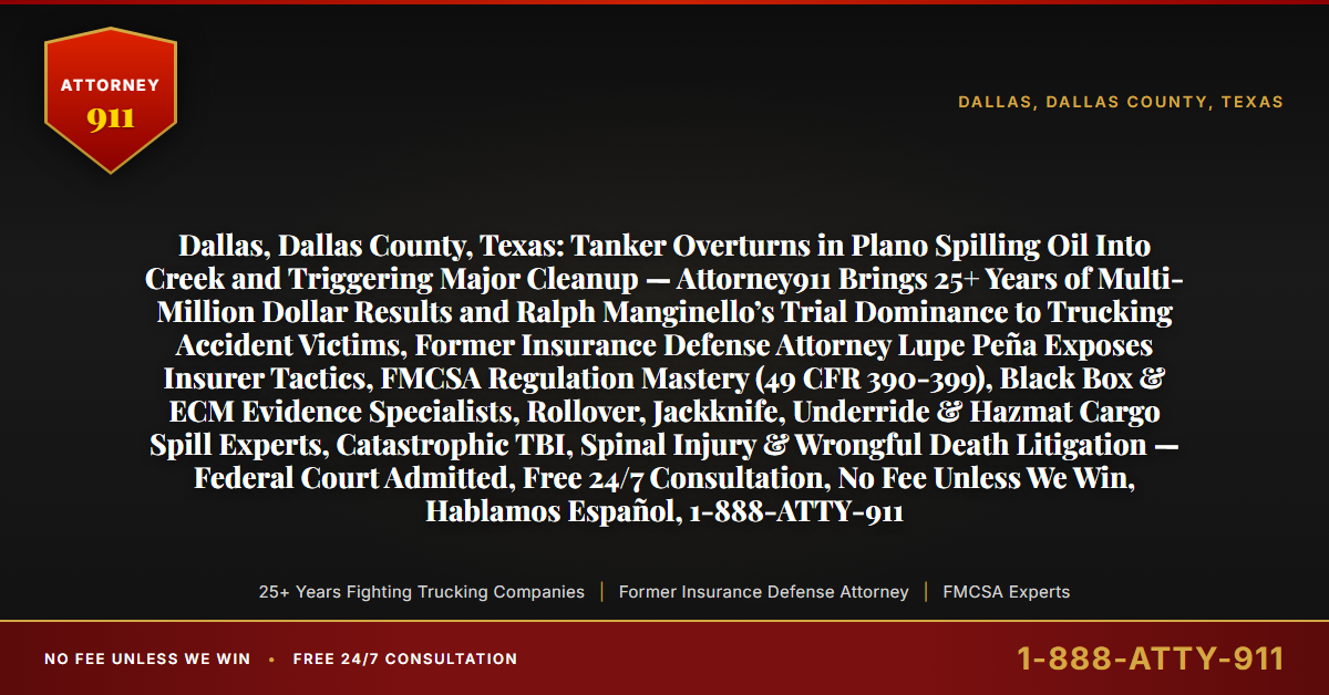Dallas, Dallas County, Texas: Tanker Overturns in Plano Spilling Oil Into Creek and Triggering Major Cleanup — Attorney911 Brings 25+ Years of Multi-Million Dollar Results and Ralph Manginello’s Trial Dominance to Trucking Accident Victims, Former Insurance Defense Attorney Lupe Peña Exposes Insurer Tactics, FMCSA Regulation Mastery (49 CFR 390-399), Black Box & ECM Evidence Specialists, Rollover, Jackknife, Underride & Hazmat Cargo Spill Experts, Catastrophic TBI, Spinal Injury & Wrongful Death Litigation — Federal Court Admitted, Free 24/7 Consultation, No Fee Unless We Win, Hablamos Español, 1-888-ATTY-911 - Attorney911