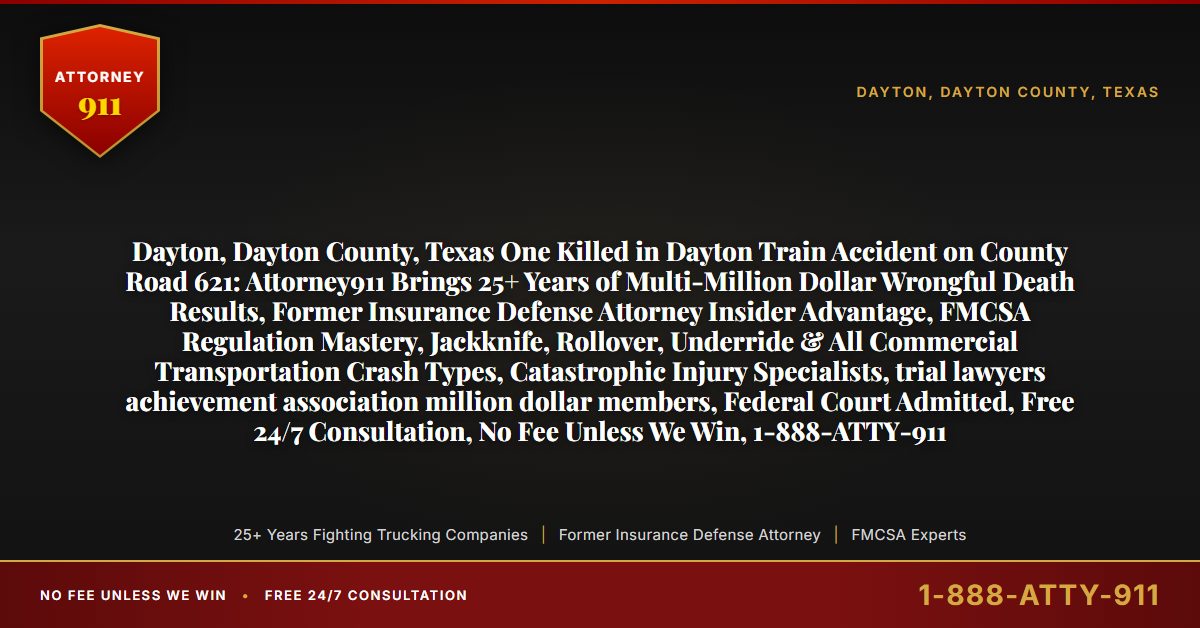 Dayton, Dayton County, Texas One Killed in Dayton Train Accident on County Road 621: Attorney911 Brings 25+ Years of Multi-Million Dollar Wrongful Death Results, Former Insurance Defense Attorney Insider Advantage, FMCSA Regulation Mastery, Jackknife, Rollover, Underride & All Commercial Transportation Crash Types, Catastrophic Injury Specialists, trial lawyers achievement association million dollar members, Federal Court Admitted, Free 24/7 Consultation, No Fee Unless We Win, 1-888-ATTY-911 - Attorney911