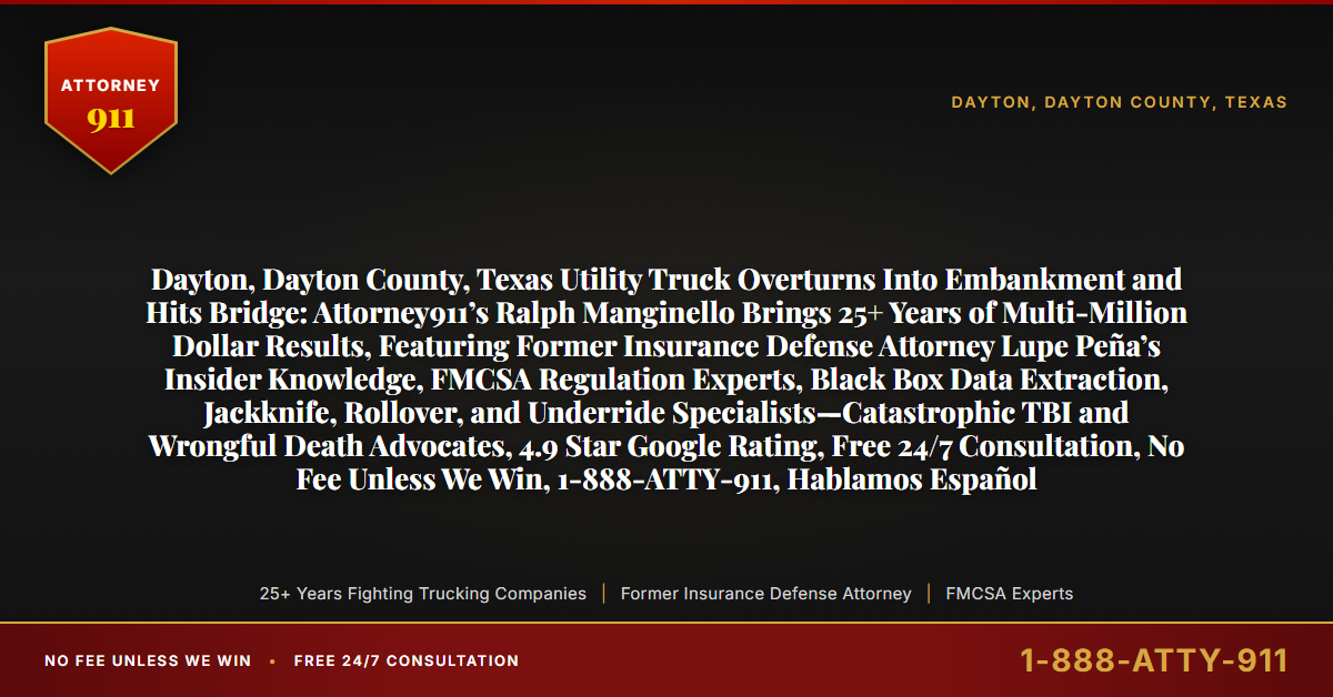 Dayton, Dayton County, Texas Utility Truck Overturns Into Embankment and Hits Bridge: Attorney911’s Ralph Manginello Brings 25+ Years of Multi-Million Dollar Results, Featuring Former Insurance Defense Attorney Lupe Peña’s Insider Knowledge, FMCSA Regulation Experts, Black Box Data Extraction, Jackknife, Rollover, and Underride Specialists—Catastrophic TBI and Wrongful Death Advocates, 4.9 Star Google Rating, Free 24/7 Consultation, No Fee Unless We Win, 1-888-ATTY-911, Hablamos Español - Attorney911