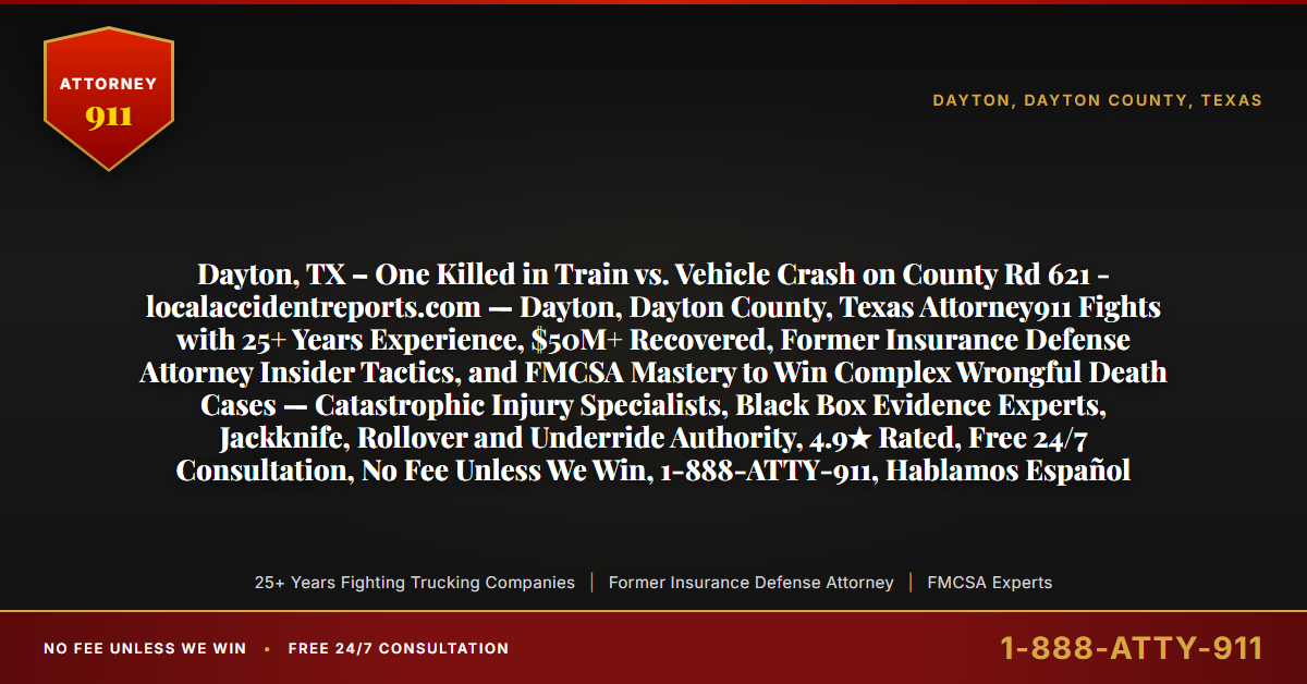 Dayton, TX – One Killed in Train vs. Vehicle Crash on County Rd 621 - localaccidentreports.com — Dayton, Dayton County, Texas Attorney911 Fights with 25+ Years Experience, $50M+ Recovered, Former Insurance Defense Attorney Insider Tactics, and FMCSA Mastery to Win Complex Wrongful Death Cases — Catastrophic Injury Specialists, Black Box Evidence Experts, Jackknife, Rollover and Underride Authority, 4.9★ Rated, Free 24/7 Consultation, No Fee Unless We Win, 1-888-ATTY-911, Hablamos Español - Attorney911