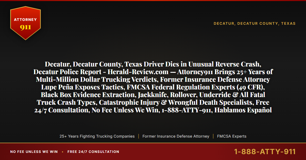 Decatur, Decatur County, Texas Driver Dies in Unusual Reverse Crash, Decatur Police Report - Herald-Review.com — Attorney911 Brings 25+ Years of Multi-Million Dollar Trucking Verdicts, Former Insurance Defense Attorney Lupe Peña Exposes Tactics, FMCSA Federal Regulation Experts (49 CFR), Black Box Evidence Extraction, Jackknife, Rollover, Underride & All Fatal Truck Crash Types, Catastrophic Injury & Wrongful Death Specialists, Free 24/7 Consultation, No Fee Unless We Win, 1-888-ATTY-911, Hablamos Español - Attorney911