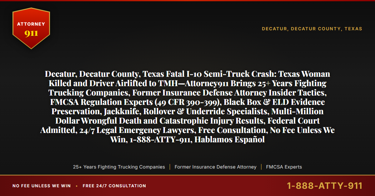 Decatur, Decatur County, Texas Fatal I-10 Semi-Truck Crash: Texas Woman Killed and Driver Airlifted to TMH—Attorney911 Brings 25+ Years Fighting Trucking Companies, Former Insurance Defense Attorney Insider Tactics, FMCSA Regulation Experts (49 CFR 390-399), Black Box & ELD Evidence Preservation, Jackknife, Rollover & Underride Specialists, Multi-Million Dollar Wrongful Death and Catastrophic Injury Results, Federal Court Admitted, 24/7 Legal Emergency Lawyers, Free Consultation, No Fee Unless We Win, 1-888-ATTY-911, Hablamos Español - Attorney911