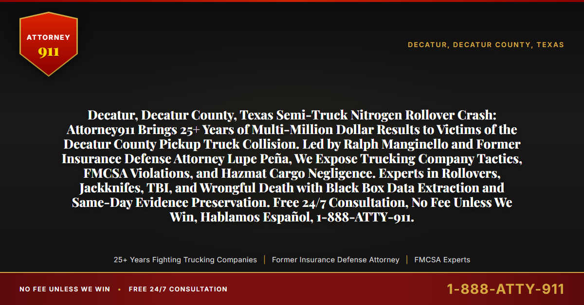Decatur, Decatur County, Texas Semi-Truck Nitrogen Rollover Crash: Attorney911 Brings 25+ Years of Multi-Million Dollar Results to Victims of the Decatur County Pickup Truck Collision. Led by Ralph Manginello and Former Insurance Defense Attorney Lupe Peña, We Expose Trucking Company Tactics, FMCSA Violations, and Hazmat Cargo Negligence. Experts in Rollovers, Jackknifes, TBI, and Wrongful Death with Black Box Data Extraction and Same-Day Evidence Preservation. Free 24/7 Consultation, No Fee Unless We Win, Hablamos Español, 1-888-ATTY-911. - Attorney911