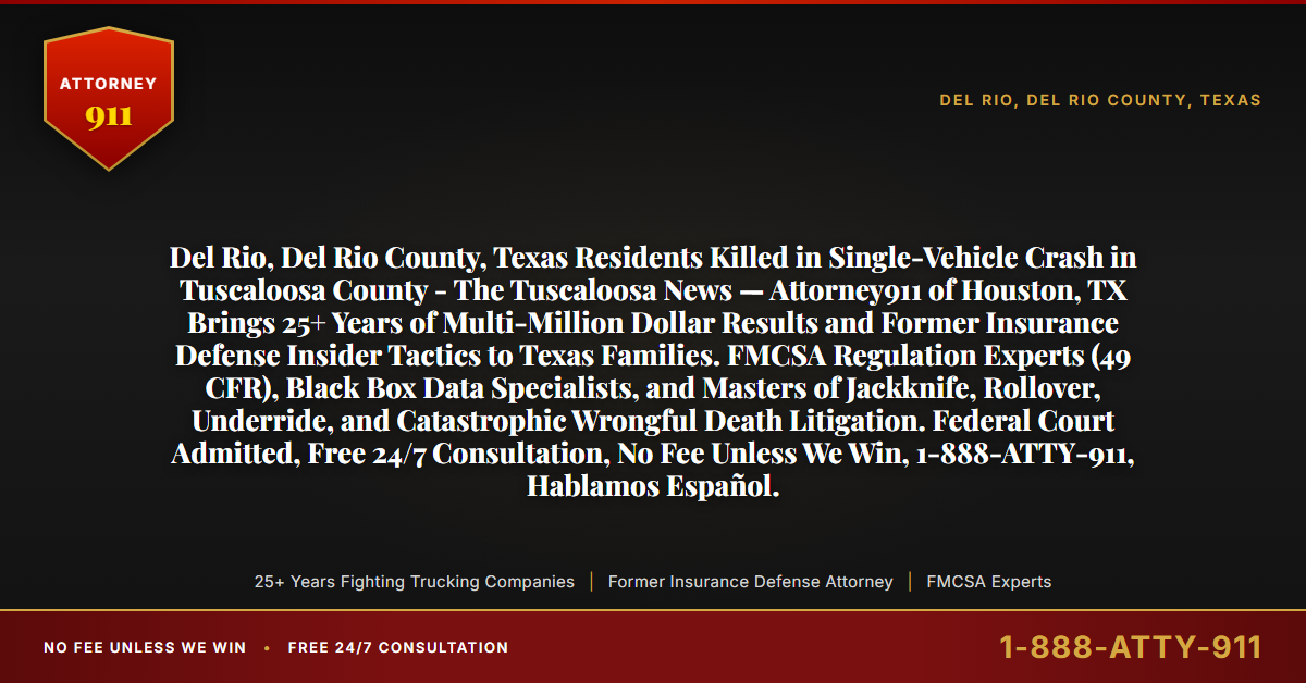 Del Rio, Del Rio County, Texas Residents Killed in Single-Vehicle Crash in Tuscaloosa County - The Tuscaloosa News — Attorney911 of Houston, TX Brings 25+ Years of Multi-Million Dollar Results and Former Insurance Defense Insider Tactics to Texas Families. FMCSA Regulation Experts (49 CFR), Black Box Data Specialists, and Masters of Jackknife, Rollover, Underride, and Catastrophic Wrongful Death Litigation. Federal Court Admitted, Free 24/7 Consultation, No Fee Unless We Win, 1-888-ATTY-911, Hablamos Español. - Attorney911