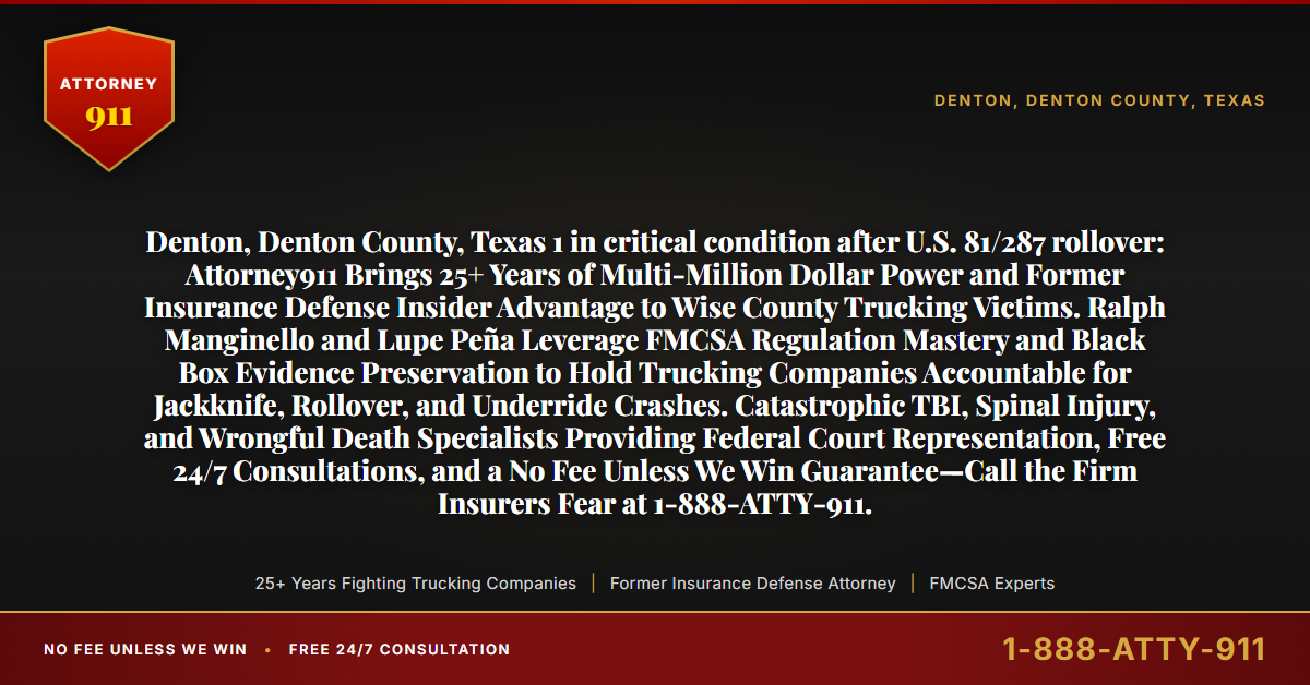 Denton, Denton County, Texas 1 in critical condition after U.S. 81/287 rollover: Attorney911 Brings 25+ Years of Multi-Million Dollar Power and Former Insurance Defense Insider Advantage to Wise County Trucking Victims. Ralph Manginello and Lupe Peña Leverage FMCSA Regulation Mastery and Black Box Evidence Preservation to Hold Trucking Companies Accountable for Jackknife, Rollover, and Underride Crashes. Catastrophic TBI, Spinal Injury, and Wrongful Death Specialists Providing Federal Court Representation, Free 24/7 Consultations, and a No Fee Unless We Win Guarantee—Call the Firm Insurers Fear at 1-888-ATTY-911. - Attorney911