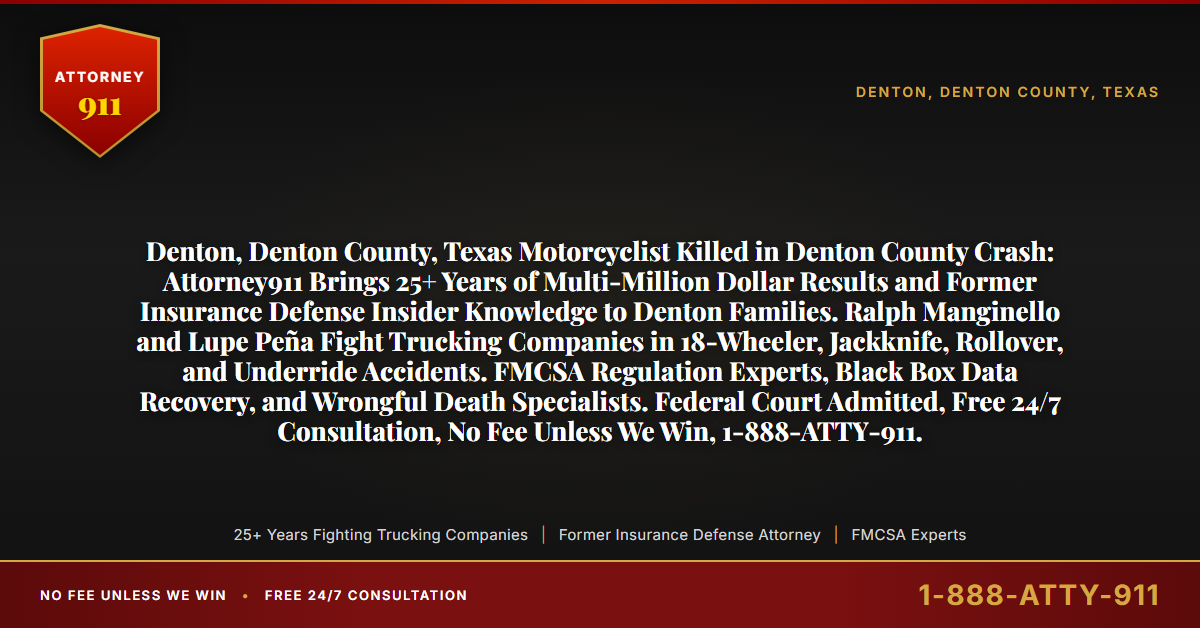 Denton, Denton County, Texas Motorcyclist Killed in Denton County Crash: Attorney911 Brings 25+ Years of Multi-Million Dollar Results and Former Insurance Defense Insider Knowledge to Denton Families. Ralph Manginello and Lupe Peña Fight Trucking Companies in 18-Wheeler, Jackknife, Rollover, and Underride Accidents. FMCSA Regulation Experts, Black Box Data Recovery, and Wrongful Death Specialists. Federal Court Admitted, Free 24/7 Consultation, No Fee Unless We Win, 1-888-ATTY-911. - Attorney911
