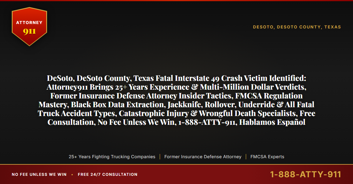 DeSoto, DeSoto County, Texas Fatal Interstate 49 Crash Victim Identified: Attorney911 Brings 25+ Years Experience & Multi-Million Dollar Verdicts, Former Insurance Defense Attorney Insider Tactics, FMCSA Regulation Mastery, Black Box Data Extraction, Jackknife, Rollover, Underride & All Fatal Truck Accident Types, Catastrophic Injury & Wrongful Death Specialists, Free Consultation, No Fee Unless We Win, 1-888-ATTY-911, Hablamos Español - Attorney911