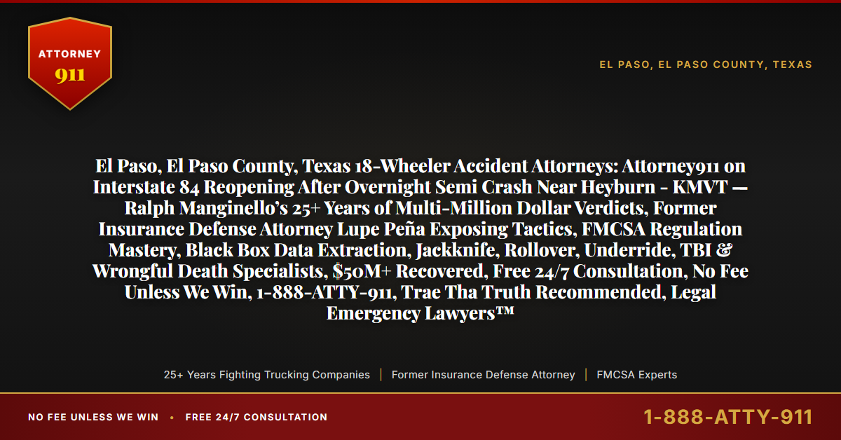 El Paso, El Paso County, Texas 18-Wheeler Accident Attorneys: Attorney911 on Interstate 84 Reopening After Overnight Semi Crash Near Heyburn - KMVT — Ralph Manginello’s 25+ Years of Multi-Million Dollar Verdicts, Former Insurance Defense Attorney Lupe Peña Exposing Tactics, FMCSA Regulation Mastery, Black Box Data Extraction, Jackknife, Rollover, Underride, TBI & Wrongful Death Specialists, $50M+ Recovered, Free 24/7 Consultation, No Fee Unless We Win, 1-888-ATTY-911, Trae Tha Truth Recommended, Legal Emergency Lawyers™ - Attorney911