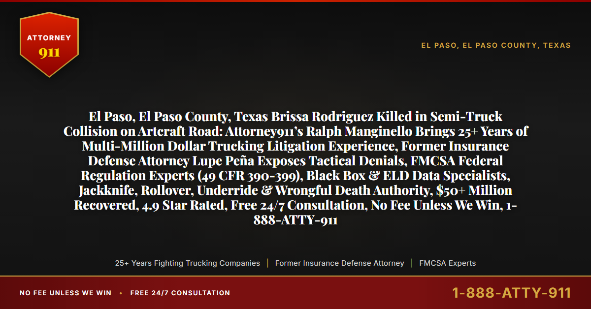 El Paso, El Paso County, Texas Brissa Rodriguez Killed in Semi-Truck Collision on Artcraft Road: Attorney911’s Ralph Manginello Brings 25+ Years of Multi-Million Dollar Trucking Litigation Experience, Former Insurance Defense Attorney Lupe Peña Exposes Tactical Denials, FMCSA Federal Regulation Experts (49 CFR 390-399), Black Box & ELD Data Specialists, Jackknife, Rollover, Underride & Wrongful Death Authority, $50+ Million Recovered, 4.9 Star Rated, Free 24/7 Consultation, No Fee Unless We Win, 1-888-ATTY-911 - Attorney911