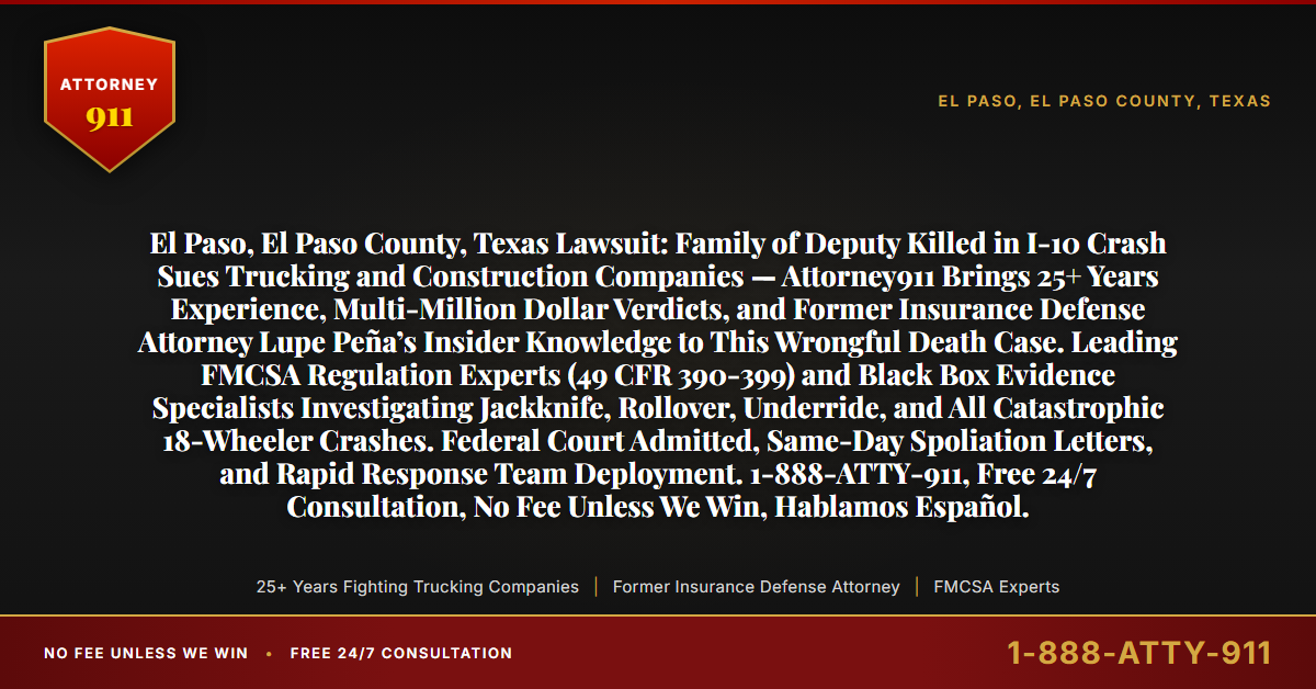 El Paso, El Paso County, Texas Lawsuit: Family of Deputy Killed in I-10 Crash Sues Trucking and Construction Companies — Attorney911 Brings 25+ Years Experience, Multi-Million Dollar Verdicts, and Former Insurance Defense Attorney Lupe Peña’s Insider Knowledge to This Wrongful Death Case. Leading FMCSA Regulation Experts (49 CFR 390-399) and Black Box Evidence Specialists Investigating Jackknife, Rollover, Underride, and All Catastrophic 18-Wheeler Crashes. Federal Court Admitted, Same-Day Spoliation Letters, and Rapid Response Team Deployment. 1-888-ATTY-911, Free 24/7 Consultation, No Fee Unless We Win, Hablamos Español. - Attorney911