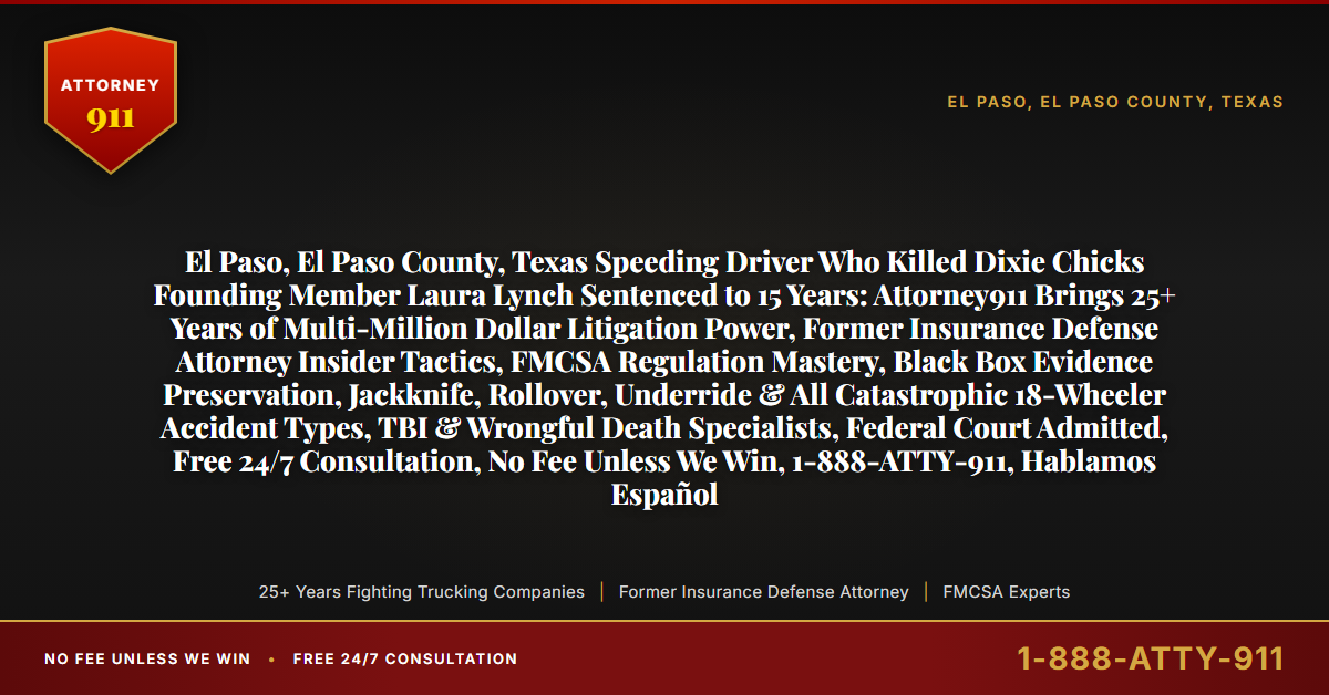 El Paso, El Paso County, Texas Speeding Driver Who Killed Dixie Chicks Founding Member Laura Lynch Sentenced to 15 Years: Attorney911 Brings 25+ Years of Multi-Million Dollar Litigation Power, Former Insurance Defense Attorney Insider Tactics, FMCSA Regulation Mastery, Black Box Evidence Preservation, Jackknife, Rollover, Underride & All Catastrophic 18-Wheeler Accident Types, TBI & Wrongful Death Specialists, Federal Court Admitted, Free 24/7 Consultation, No Fee Unless We Win, 1-888-ATTY-911, Hablamos Español - Attorney911