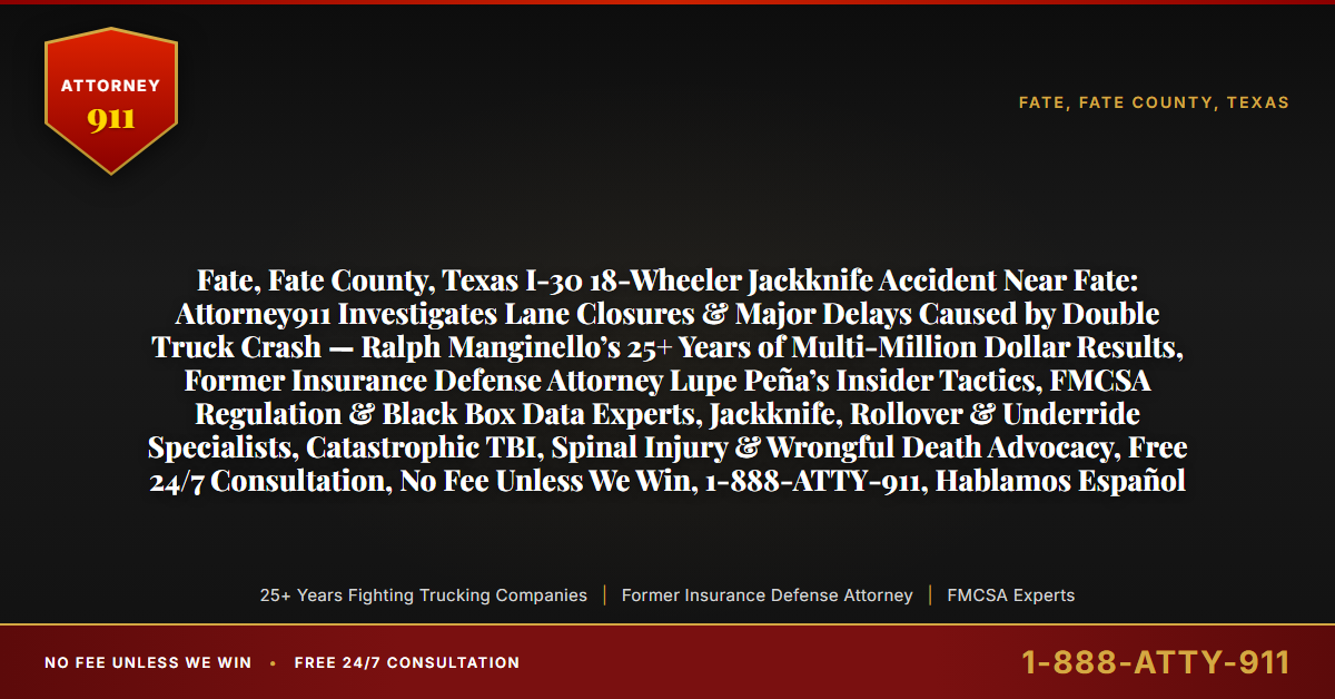 Fate, Fate County, Texas I-30 18-Wheeler Jackknife Accident Near Fate: Attorney911 Investigates Lane Closures & Major Delays Caused by Double Truck Crash — Ralph Manginello’s 25+ Years of Multi-Million Dollar Results, Former Insurance Defense Attorney Lupe Peña’s Insider Tactics, FMCSA Regulation & Black Box Data Experts, Jackknife, Rollover & Underride Specialists, Catastrophic TBI, Spinal Injury & Wrongful Death Advocacy, Free 24/7 Consultation, No Fee Unless We Win, 1-888-ATTY-911, Hablamos Español - Attorney911