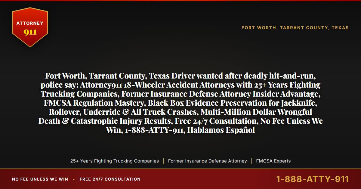 Fort Worth, Tarrant County, Texas Driver wanted after deadly hit-and-run, police say: Attorney911 18-Wheeler Accident Attorneys with 25+ Years Fighting Trucking Companies, Former Insurance Defense Attorney Insider Advantage, FMCSA Regulation Mastery, Black Box Evidence Preservation for Jackknife, Rollover, Underride & All Truck Crashes, Multi-Million Dollar Wrongful Death & Catastrophic Injury Results, Free 24/7 Consultation, No Fee Unless We Win, 1-888-ATTY-911, Hablamos Español - Attorney911