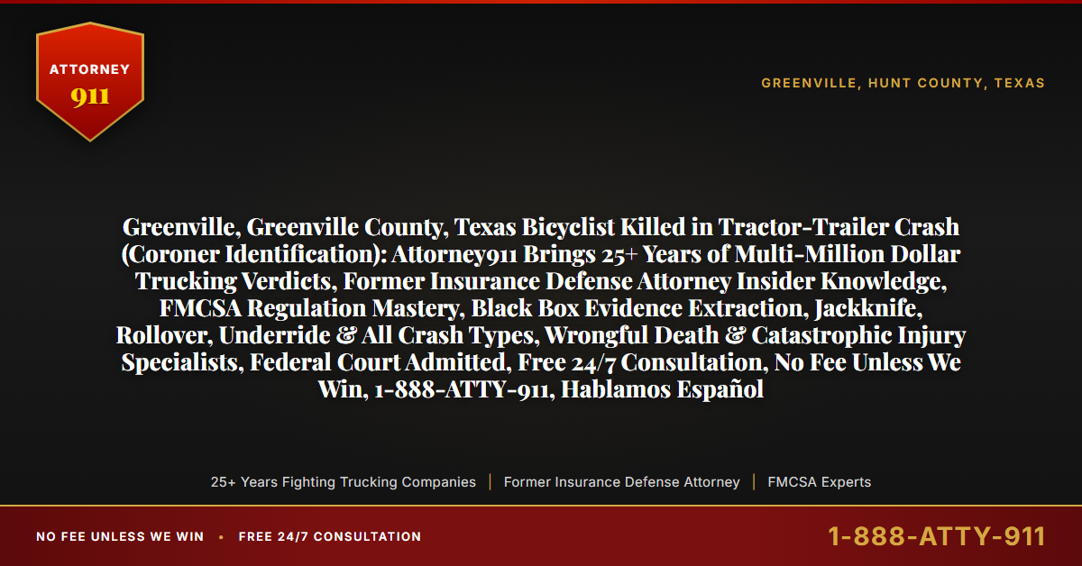 Greenville, Greenville County, Texas Bicyclist Killed in Tractor-Trailer Crash (Coroner Identification): Attorney911 Brings 25+ Years of Multi-Million Dollar Trucking Verdicts, Former Insurance Defense Attorney Insider Knowledge, FMCSA Regulation Mastery, Black Box Evidence Extraction, Jackknife, Rollover, Underride & All Crash Types, Wrongful Death & Catastrophic Injury Specialists, Federal Court Admitted, Free 24/7 Consultation, No Fee Unless We Win, 1-888-ATTY-911, Hablamos Español - Attorney911