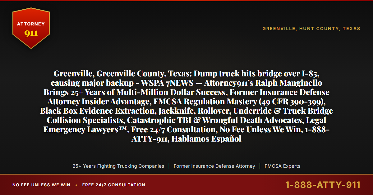 Greenville, Greenville County, Texas: Dump truck hits bridge over I-85, causing major backup - WSPA 7NEWS — Attorney911’s Ralph Manginello Brings 25+ Years of Multi-Million Dollar Success, Former Insurance Defense Attorney Insider Advantage, FMCSA Regulation Mastery (49 CFR 390-399), Black Box Evidence Extraction, Jackknife, Rollover, Underride & Truck Bridge Collision Specialists, Catastrophic TBI & Wrongful Death Advocates, Legal Emergency Lawyers™, Free 24/7 Consultation, No Fee Unless We Win, 1-888-ATTY-911, Hablamos Español - Attorney911