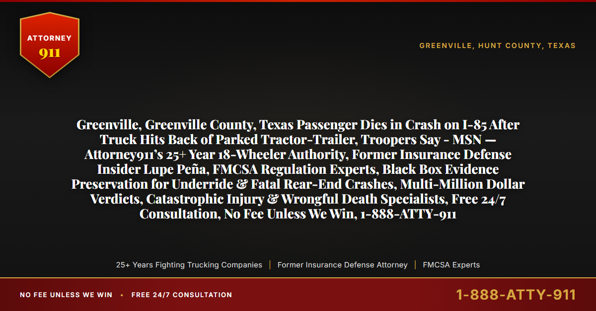 Greenville, Greenville County, Texas Passenger Dies in Crash on I-85 After Truck Hits Back of Parked Tractor-Trailer, Troopers Say - MSN — Attorney911’s 25+ Year 18-Wheeler Authority, Former Insurance Defense Insider Lupe Peña, FMCSA Regulation Experts, Black Box Evidence Preservation for Underride & Fatal Rear-End Crashes, Multi-Million Dollar Verdicts, Catastrophic Injury & Wrongful Death Specialists, Free 24/7 Consultation, No Fee Unless We Win, 1-888-ATTY-911 - Attorney911