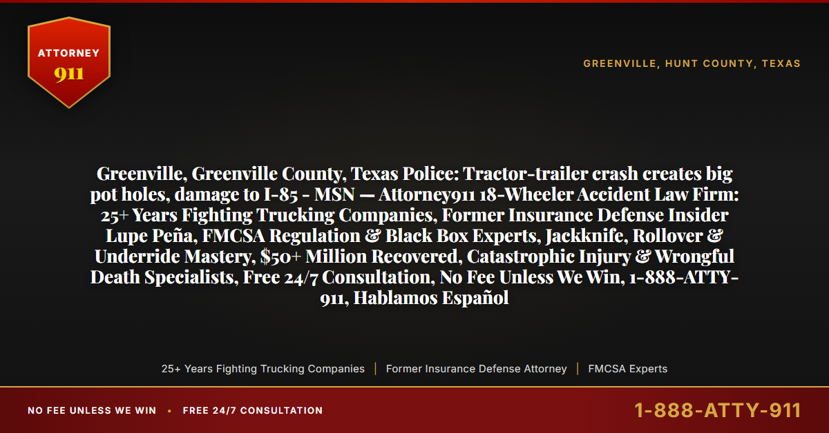 Greenville, Greenville County, Texas Police: Tractor-trailer crash creates big pot holes, damage to I-85 - MSN — Attorney911 18-Wheeler Accident Law Firm: 25+ Years Fighting Trucking Companies, Former Insurance Defense Insider Lupe Peña, FMCSA Regulation & Black Box Experts, Jackknife, Rollover & Underride Mastery, $50+ Million Recovered, Catastrophic Injury & Wrongful Death Specialists, Free 24/7 Consultation, No Fee Unless We Win, 1-888-ATTY-911, Hablamos Español - Attorney911