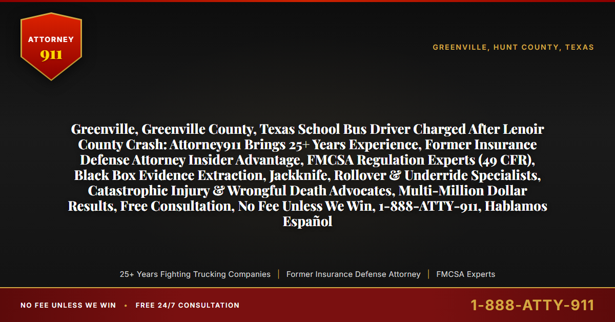 Greenville, Greenville County, Texas School Bus Driver Charged After Lenoir County Crash: Attorney911 Brings 25+ Years Experience, Former Insurance Defense Attorney Insider Advantage, FMCSA Regulation Experts (49 CFR), Black Box Evidence Extraction, Jackknife, Rollover & Underride Specialists, Catastrophic Injury & Wrongful Death Advocates, Multi-Million Dollar Results, Free Consultation, No Fee Unless We Win, 1-888-ATTY-911, Hablamos Español - Attorney911