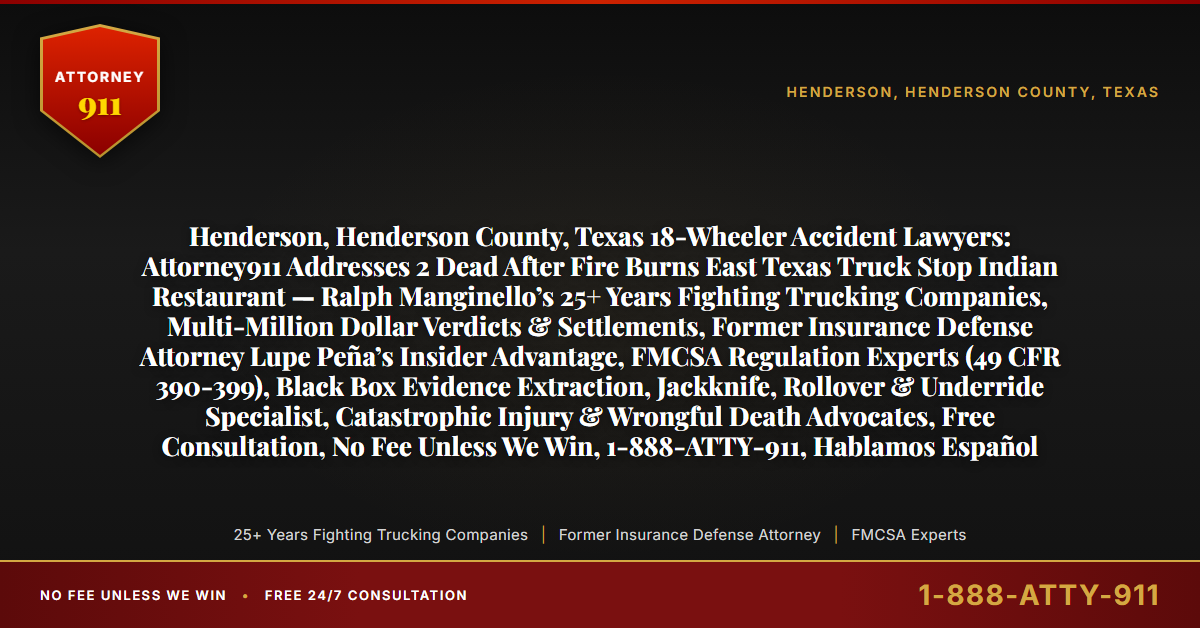 Henderson, Henderson County, Texas 18-Wheeler Accident Lawyers: Attorney911 Addresses 2 Dead After Fire Burns East Texas Truck Stop Indian Restaurant — Ralph Manginello’s 25+ Years Fighting Trucking Companies, Multi-Million Dollar Verdicts & Settlements, Former Insurance Defense Attorney Lupe Peña’s Insider Advantage, FMCSA Regulation Experts (49 CFR 390-399), Black Box Evidence Extraction, Jackknife, Rollover & Underride Specialist, Catastrophic Injury & Wrongful Death Advocates, Free Consultation, No Fee Unless We Win, 1-888-ATTY-911, Hablamos Español - Attorney911