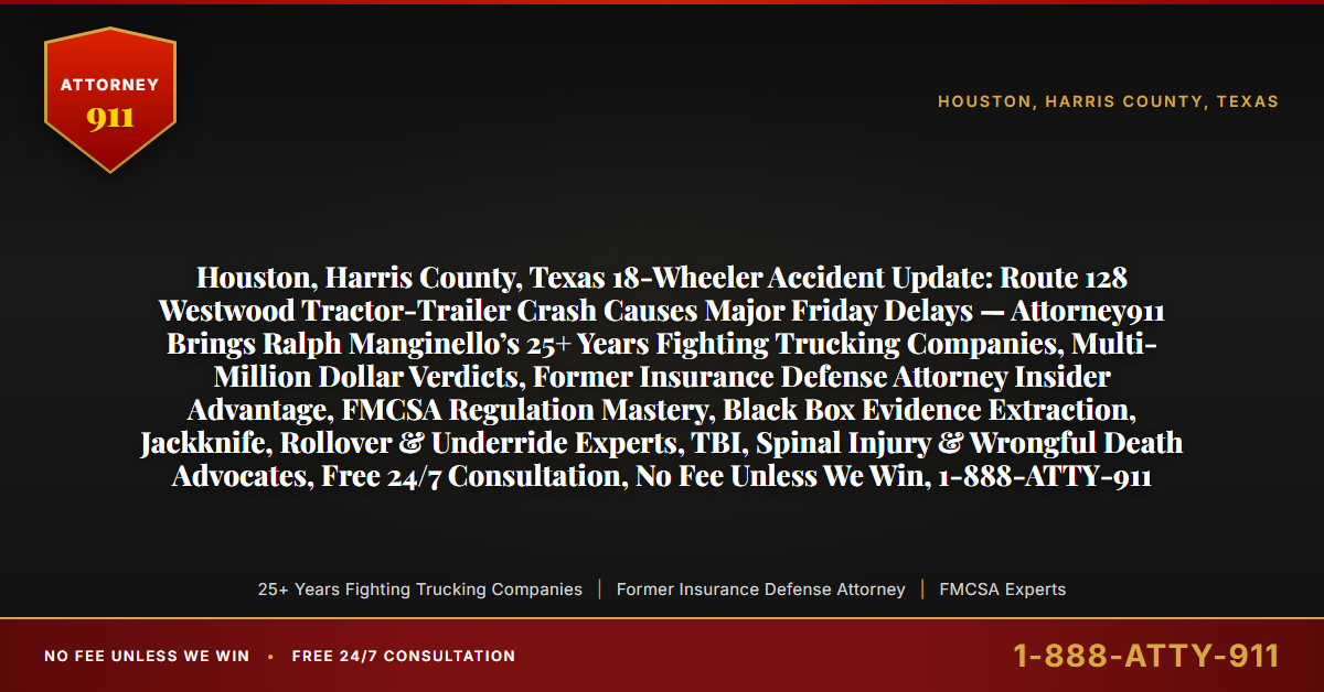 Houston, Harris County, Texas 18-Wheeler Accident Update: Route 128 Westwood Tractor-Trailer Crash Causes Major Friday Delays — Attorney911 Brings Ralph Manginello’s 25+ Years Fighting Trucking Companies, Multi-Million Dollar Verdicts, Former Insurance Defense Attorney Insider Advantage, FMCSA Regulation Mastery, Black Box Evidence Extraction, Jackknife, Rollover & Underride Experts, TBI, Spinal Injury & Wrongful Death Advocates, Free 24/7 Consultation, No Fee Unless We Win, 1-888-ATTY-911 - Attorney911