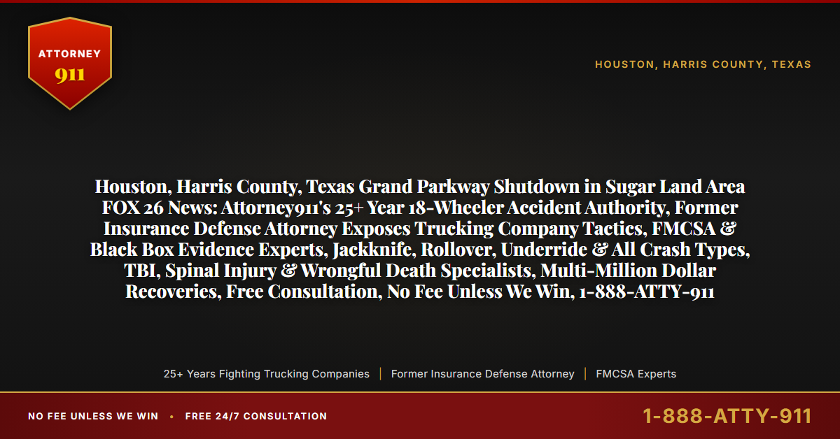 Houston, Harris County, Texas Grand Parkway Shutdown in Sugar Land Area FOX 26 News: Attorney911's 25+ Year 18-Wheeler Accident Authority, Former Insurance Defense Attorney Exposes Trucking Company Tactics, FMCSA & Black Box Evidence Experts, Jackknife, Rollover, Underride & All Crash Types, TBI, Spinal Injury & Wrongful Death Specialists, Multi-Million Dollar Recoveries, Free Consultation, No Fee Unless We Win, 1-888-ATTY-911 - Attorney911