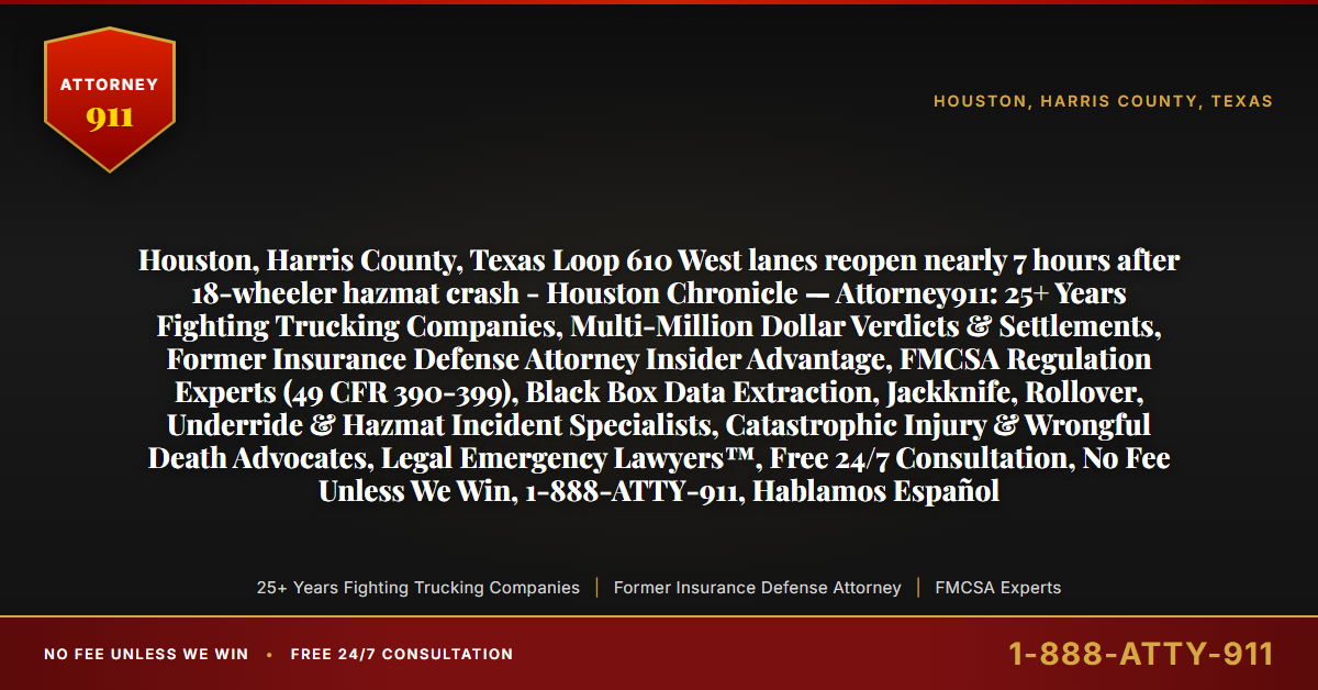 Houston, Harris County, Texas Loop 610 West lanes reopen nearly 7 hours after 18-wheeler hazmat crash - Houston Chronicle — Attorney911: 25+ Years Fighting Trucking Companies, Multi-Million Dollar Verdicts & Settlements, Former Insurance Defense Attorney Insider Advantage, FMCSA Regulation Experts (49 CFR 390-399), Black Box Data Extraction, Jackknife, Rollover, Underride & Hazmat Incident Specialists, Catastrophic Injury & Wrongful Death Advocates, Legal Emergency Lawyers™, Free 24/7 Consultation, No Fee Unless We Win, 1-888-ATTY-911, Hablamos Español - Attorney911