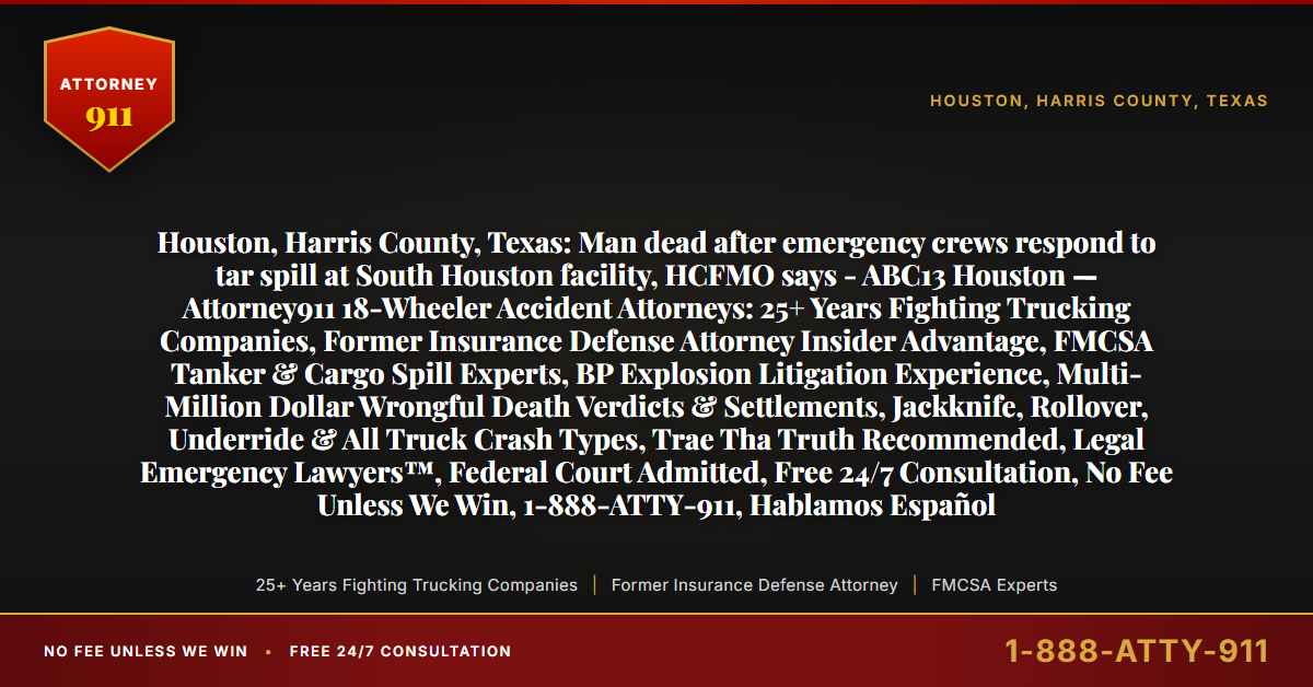Houston, Harris County, Texas: Man dead after emergency crews respond to tar spill at South Houston facility, HCFMO says - ABC13 Houston — Attorney911 18-Wheeler Accident Attorneys: 25+ Years Fighting Trucking Companies, Former Insurance Defense Attorney Insider Advantage, FMCSA Tanker & Cargo Spill Experts, BP Explosion Litigation Experience, Multi-Million Dollar Wrongful Death Verdicts & Settlements, Jackknife, Rollover, Underride & All Truck Crash Types, Trae Tha Truth Recommended, Legal Emergency Lawyers™, Federal Court Admitted, Free 24/7 Consultation, No Fee Unless We Win, 1-888-ATTY-911, Hablamos Español - Attorney911