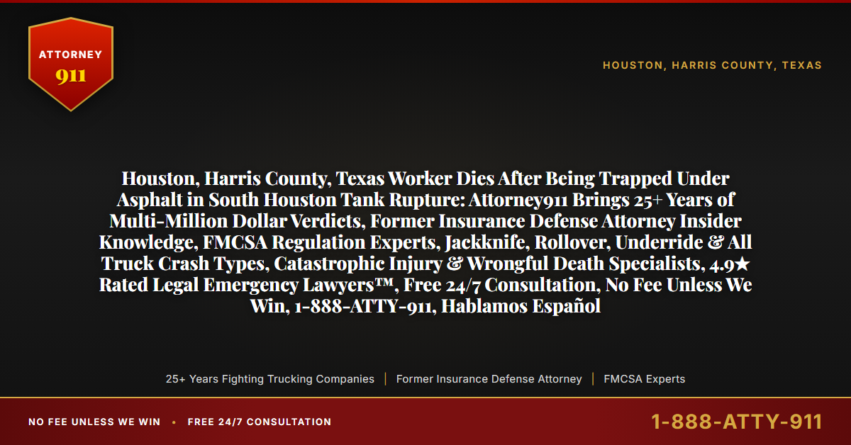 Houston, Harris County, Texas Worker Dies After Being Trapped Under Asphalt in South Houston Tank Rupture: Attorney911 Brings 25+ Years of Multi-Million Dollar Verdicts, Former Insurance Defense Attorney Insider Knowledge, FMCSA Regulation Experts, Jackknife, Rollover, Underride & All Truck Crash Types, Catastrophic Injury & Wrongful Death Specialists, 4.9★ Rated Legal Emergency Lawyers™, Free 24/7 Consultation, No Fee Unless We Win, 1-888-ATTY-911, Hablamos Español - Attorney911