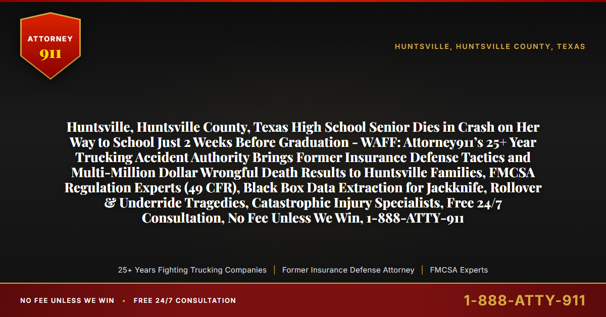Huntsville, Huntsville County, Texas High School Senior Dies in Crash on Her Way to School Just 2 Weeks Before Graduation - WAFF: Attorney911’s 25+ Year Trucking Accident Authority Brings Former Insurance Defense Tactics and Multi-Million Dollar Wrongful Death Results to Huntsville Families, FMCSA Regulation Experts (49 CFR), Black Box Data Extraction for Jackknife, Rollover & Underride Tragedies, Catastrophic Injury Specialists, Free 24/7 Consultation, No Fee Unless We Win, 1-888-ATTY-911 - Attorney911