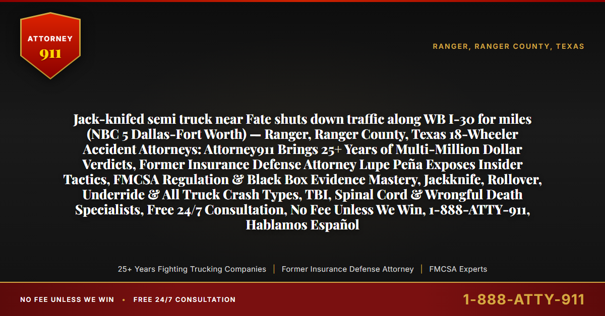 Jack-knifed semi truck near Fate shuts down traffic along WB I-30 for miles (NBC 5 Dallas-Fort Worth) — Ranger, Ranger County, Texas 18-Wheeler Accident Attorneys: Attorney911 Brings 25+ Years of Multi-Million Dollar Verdicts, Former Insurance Defense Attorney Lupe Peña Exposes Insider Tactics, FMCSA Regulation & Black Box Evidence Mastery, Jackknife, Rollover, Underride & All Truck Crash Types, TBI, Spinal Cord & Wrongful Death Specialists, Free 24/7 Consultation, No Fee Unless We Win, 1-888-ATTY-911, Hablamos Español - Attorney911