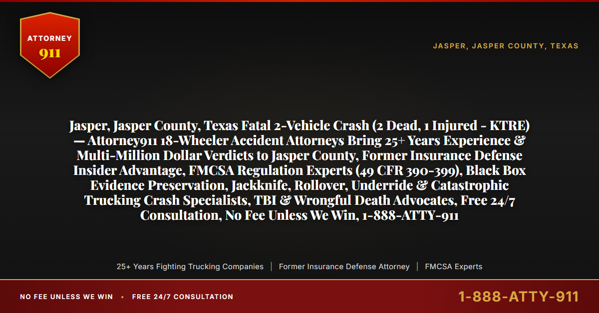 Jasper, Jasper County, Texas Fatal 2-Vehicle Crash (2 Dead, 1 Injured - KTRE) — Attorney911 18-Wheeler Accident Attorneys Bring 25+ Years Experience & Multi-Million Dollar Verdicts to Jasper County, Former Insurance Defense Insider Advantage, FMCSA Regulation Experts (49 CFR 390-399), Black Box Evidence Preservation, Jackknife, Rollover, Underride & Catastrophic Trucking Crash Specialists, TBI & Wrongful Death Advocates, Free 24/7 Consultation, No Fee Unless We Win, 1-888-ATTY-911 - Attorney911