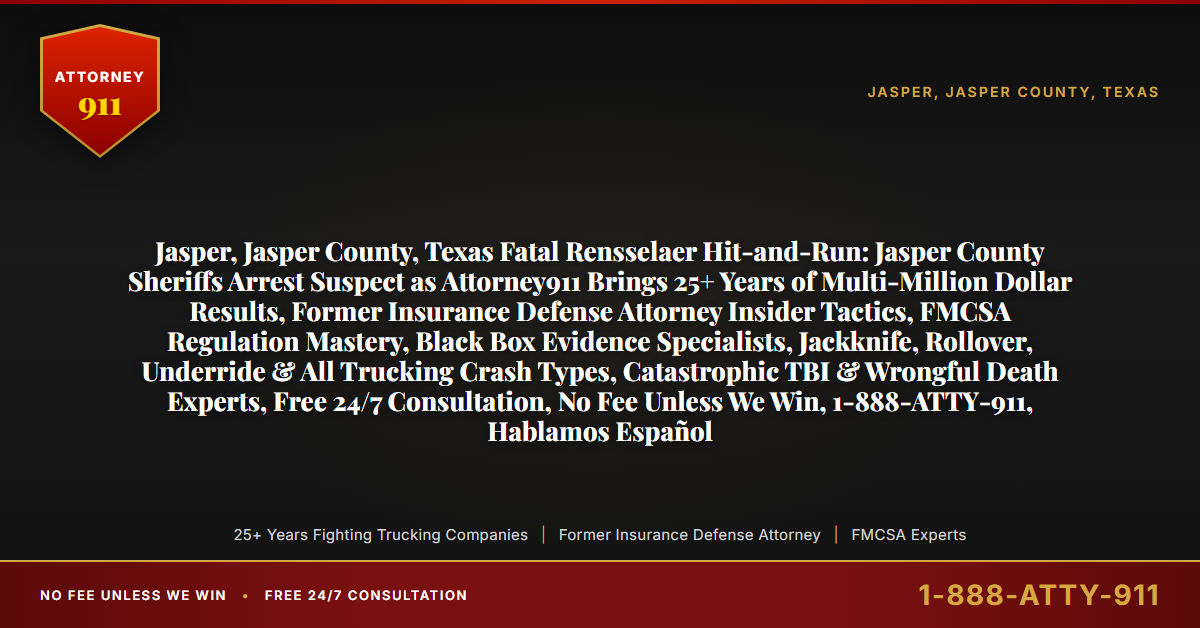 Jasper, Jasper County, Texas Fatal Rensselaer Hit-and-Run: Jasper County Sheriffs Arrest Suspect as Attorney911 Brings 25+ Years of Multi-Million Dollar Results, Former Insurance Defense Attorney Insider Tactics, FMCSA Regulation Mastery, Black Box Evidence Specialists, Jackknife, Rollover, Underride & All Trucking Crash Types, Catastrophic TBI & Wrongful Death Experts, Free 24/7 Consultation, No Fee Unless We Win, 1-888-ATTY-911, Hablamos Español - Attorney911