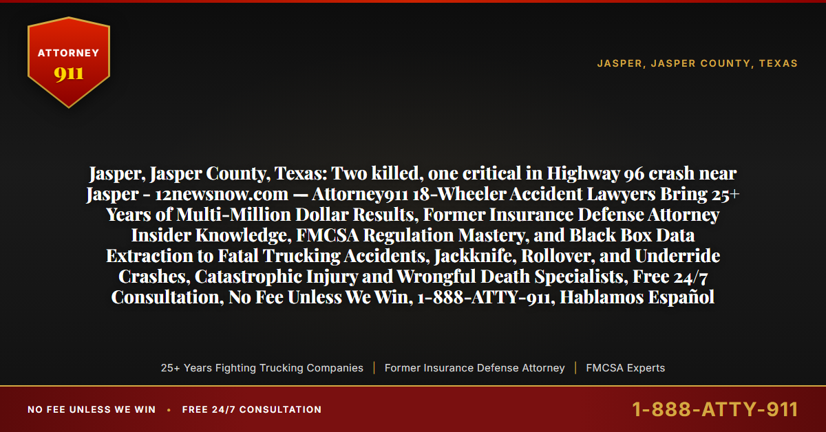 Jasper, Jasper County, Texas: Two killed, one critical in Highway 96 crash near Jasper - 12newsnow.com — Attorney911 18-Wheeler Accident Lawyers Bring 25+ Years of Multi-Million Dollar Results, Former Insurance Defense Attorney Insider Knowledge, FMCSA Regulation Mastery, and Black Box Data Extraction to Fatal Trucking Accidents, Jackknife, Rollover, and Underride Crashes, Catastrophic Injury and Wrongful Death Specialists, Free 24/7 Consultation, No Fee Unless We Win, 1-888-ATTY-911, Hablamos Español - Attorney911
