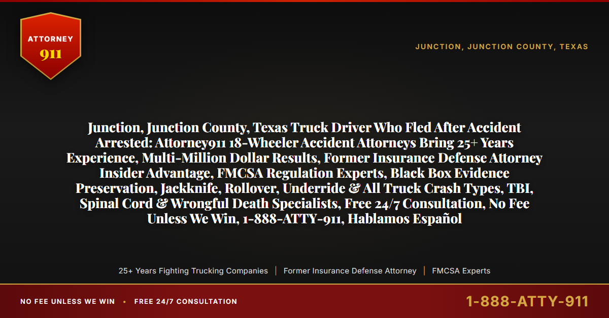 Junction, Junction County, Texas Truck Driver Who Fled After Accident Arrested: Attorney911 18-Wheeler Accident Attorneys Bring 25+ Years Experience, Multi-Million Dollar Results, Former Insurance Defense Attorney Insider Advantage, FMCSA Regulation Experts, Black Box Evidence Preservation, Jackknife, Rollover, Underride & All Truck Crash Types, TBI, Spinal Cord & Wrongful Death Specialists, Free 24/7 Consultation, No Fee Unless We Win, 1-888-ATTY-911, Hablamos Español - Attorney911