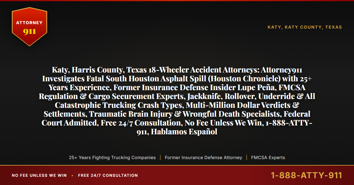 Katy, Harris County, Texas 18-Wheeler Accident Attorneys: Attorney911 Investigates Fatal South Houston Asphalt Spill (Houston Chronicle) with 25+ Years Experience, Former Insurance Defense Insider Lupe Peña, FMCSA Regulation & Cargo Securement Experts, Jackknife, Rollover, Underride & All Catastrophic Trucking Crash Types, Multi-Million Dollar Verdicts & Settlements, Traumatic Brain Injury & Wrongful Death Specialists, Federal Court Admitted, Free 24/7 Consultation, No Fee Unless We Win, 1-888-ATTY-911, Hablamos Español - Attorney911