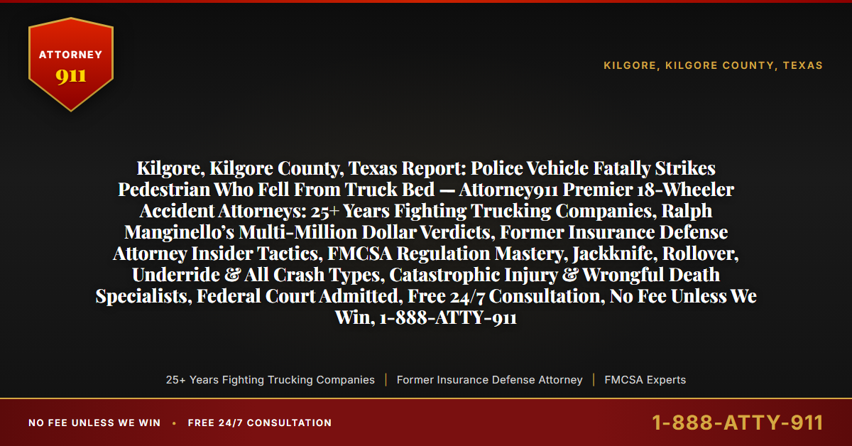 Kilgore, Kilgore County, Texas Report: Police Vehicle Fatally Strikes Pedestrian Who Fell From Truck Bed — Attorney911 Premier 18-Wheeler Accident Attorneys: 25+ Years Fighting Trucking Companies, Ralph Manginello’s Multi-Million Dollar Verdicts, Former Insurance Defense Attorney Insider Tactics, FMCSA Regulation Mastery, Jackknife, Rollover, Underride & All Crash Types, Catastrophic Injury & Wrongful Death Specialists, Federal Court Admitted, Free 24/7 Consultation, No Fee Unless We Win, 1-888-ATTY-911 - Attorney911