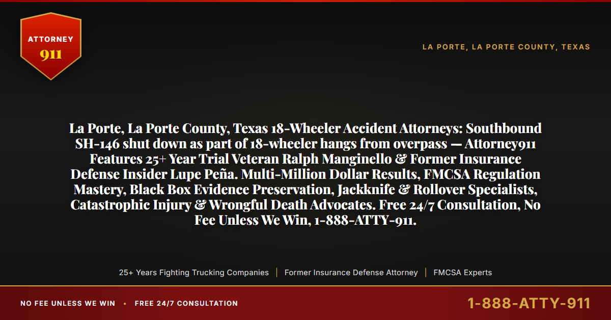 La Porte, La Porte County, Texas 18-Wheeler Accident Attorneys: Southbound SH-146 shut down as part of 18-wheeler hangs from overpass — Attorney911 Features 25+ Year Trial Veteran Ralph Manginello & Former Insurance Defense Insider Lupe Peña. Multi-Million Dollar Results, FMCSA Regulation Mastery, Black Box Evidence Preservation, Jackknife & Rollover Specialists, Catastrophic Injury & Wrongful Death Advocates. Free 24/7 Consultation, No Fee Unless We Win, 1-888-ATTY-911. - Attorney911