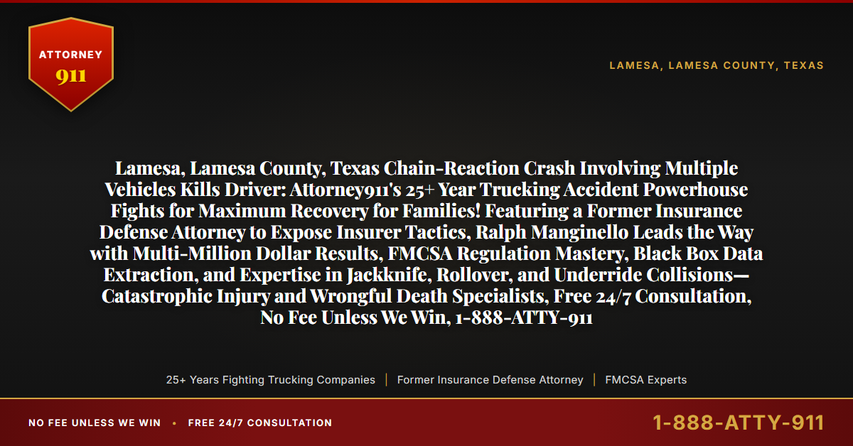 Lamesa, Lamesa County, Texas Chain-Reaction Crash Involving Multiple Vehicles Kills Driver: Attorney911's 25+ Year Trucking Accident Powerhouse Fights for Maximum Recovery for Families! Featuring a Former Insurance Defense Attorney to Expose Insurer Tactics, Ralph Manginello Leads the Way with Multi-Million Dollar Results, FMCSA Regulation Mastery, Black Box Data Extraction, and Expertise in Jackknife, Rollover, and Underride Collisions—Catastrophic Injury and Wrongful Death Specialists, Free 24/7 Consultation, No Fee Unless We Win, 1-888-ATTY-911 - Attorney911