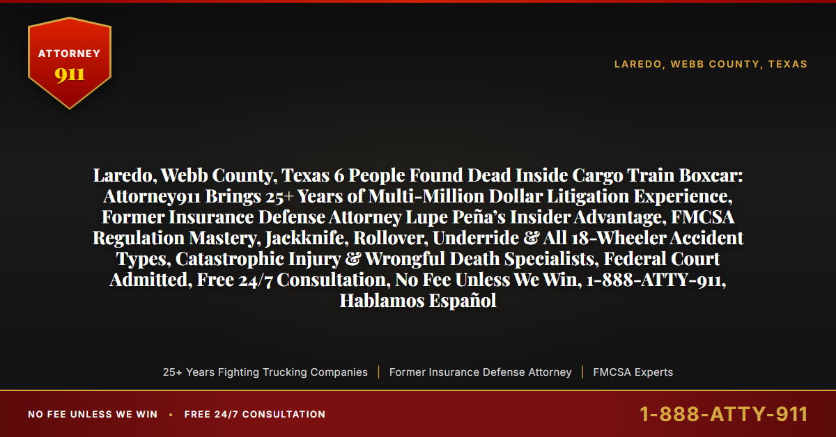 Laredo, Webb County, Texas 6 People Found Dead Inside Cargo Train Boxcar: Attorney911 Brings 25+ Years of Multi-Million Dollar Litigation Experience, Former Insurance Defense Attorney Lupe Peña’s Insider Advantage, FMCSA Regulation Mastery, Jackknife, Rollover, Underride & All 18-Wheeler Accident Types, Catastrophic Injury & Wrongful Death Specialists, Federal Court Admitted, Free 24/7 Consultation, No Fee Unless We Win, 1-888-ATTY-911, Hablamos Español - Attorney911