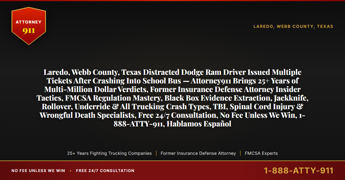 Laredo, Webb County, Texas Distracted Dodge Ram Driver Issued Multiple Tickets After Crashing Into School Bus — Attorney911 Brings 25+ Years of Multi-Million Dollar Verdicts, Former Insurance Defense Attorney Insider Tactics, FMCSA Regulation Mastery, Black Box Evidence Extraction, Jackknife, Rollover, Underride & All Trucking Crash Types, TBI, Spinal Cord Injury & Wrongful Death Specialists, Free 24/7 Consultation, No Fee Unless We Win, 1-888-ATTY-911, Hablamos Español - Attorney911