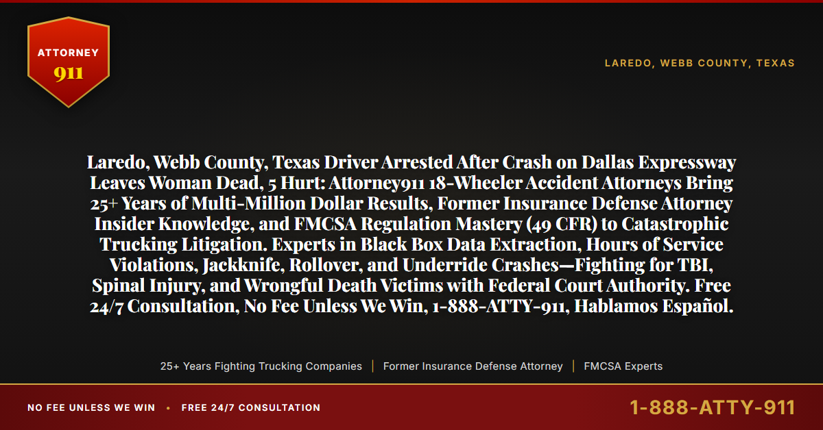 Laredo, Webb County, Texas Driver Arrested After Crash on Dallas Expressway Leaves Woman Dead, 5 Hurt: Attorney911 18-Wheeler Accident Attorneys Bring 25+ Years of Multi-Million Dollar Results, Former Insurance Defense Attorney Insider Knowledge, and FMCSA Regulation Mastery (49 CFR) to Catastrophic Trucking Litigation. Experts in Black Box Data Extraction, Hours of Service Violations, Jackknife, Rollover, and Underride Crashes—Fighting for TBI, Spinal Injury, and Wrongful Death Victims with Federal Court Authority. Free 24/7 Consultation, No Fee Unless We Win, 1-888-ATTY-911, Hablamos Español. - Attorney911