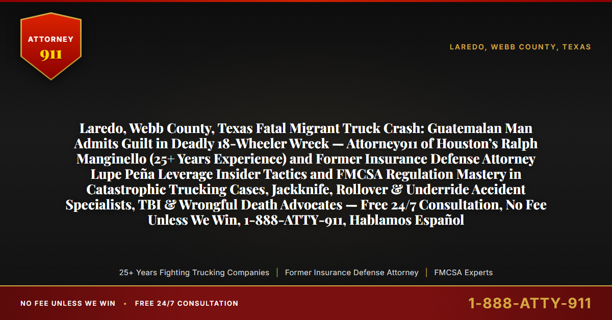 Laredo, Webb County, Texas Fatal Migrant Truck Crash: Guatemalan Man Admits Guilt in Deadly 18-Wheeler Wreck — Attorney911 of Houston’s Ralph Manginello (25+ Years Experience) and Former Insurance Defense Attorney Lupe Peña Leverage Insider Tactics and FMCSA Regulation Mastery in Catastrophic Trucking Cases, Jackknife, Rollover & Underride Accident Specialists, TBI & Wrongful Death Advocates — Free 24/7 Consultation, No Fee Unless We Win, 1-888-ATTY-911, Hablamos Español - Attorney911