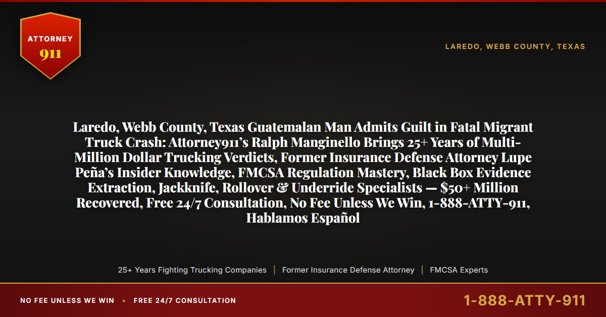 Laredo, Webb County, Texas Guatemalan Man Admits Guilt in Fatal Migrant Truck Crash: Attorney911’s Ralph Manginello Brings 25+ Years of Multi-Million Dollar Trucking Verdicts, Former Insurance Defense Attorney Lupe Peña’s Insider Knowledge, FMCSA Regulation Mastery, Black Box Evidence Extraction, Jackknife, Rollover & Underride Specialists — $50+ Million Recovered, Free 24/7 Consultation, No Fee Unless We Win, 1-888-ATTY-911, Hablamos Español - Attorney911