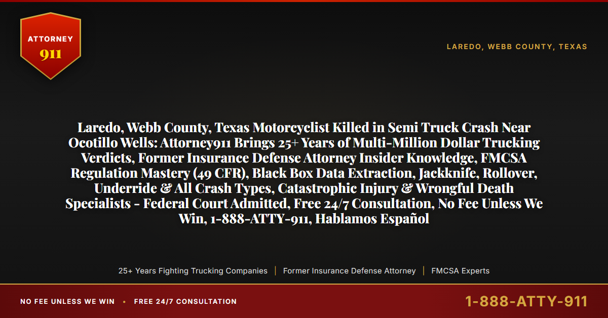 Laredo, Webb County, Texas Motorcyclist Killed in Semi Truck Crash Near Ocotillo Wells: Attorney911 Brings 25+ Years of Multi-Million Dollar Trucking Verdicts, Former Insurance Defense Attorney Insider Knowledge, FMCSA Regulation Mastery (49 CFR), Black Box Data Extraction, Jackknife, Rollover, Underride & All Crash Types, Catastrophic Injury & Wrongful Death Specialists - Federal Court Admitted, Free 24/7 Consultation, No Fee Unless We Win, 1-888-ATTY-911, Hablamos Español - Attorney911
