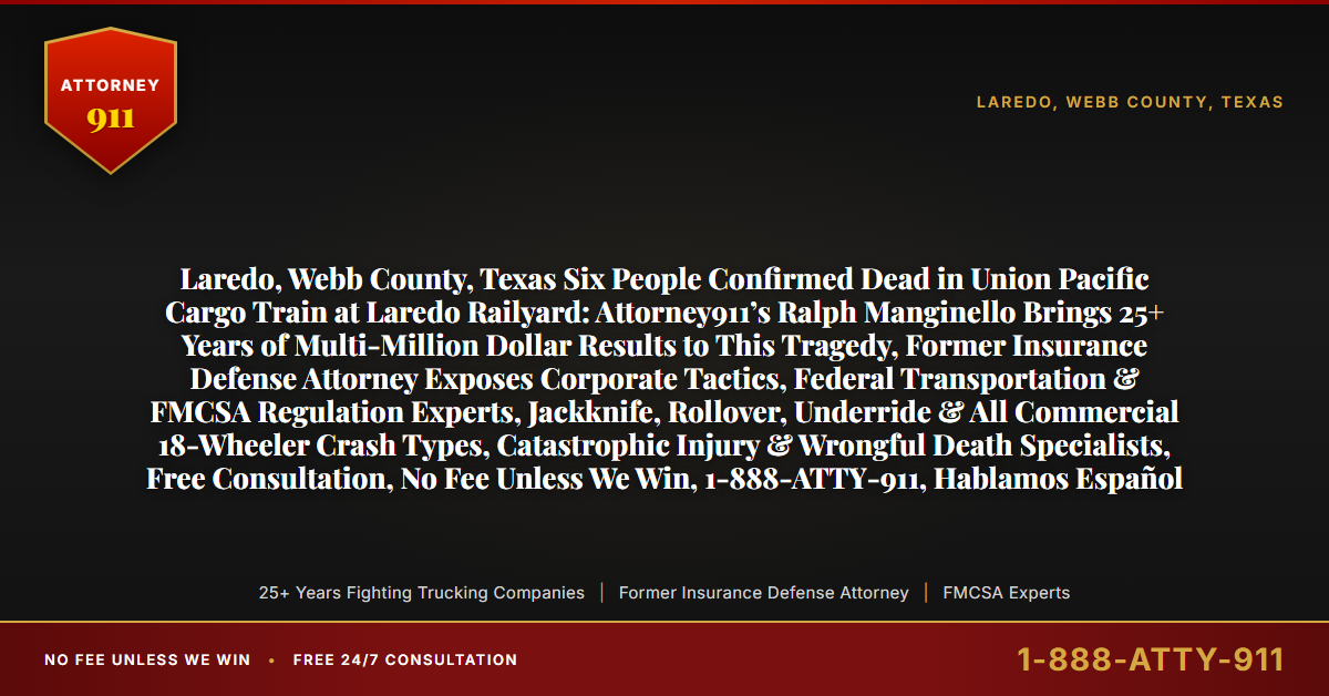 Laredo, Webb County, Texas Six People Confirmed Dead in Union Pacific Cargo Train at Laredo Railyard: Attorney911’s Ralph Manginello Brings 25+ Years of Multi-Million Dollar Results to This Tragedy, Former Insurance Defense Attorney Exposes Corporate Tactics, Federal Transportation & FMCSA Regulation Experts, Jackknife, Rollover, Underride & All Commercial 18-Wheeler Crash Types, Catastrophic Injury & Wrongful Death Specialists, Free Consultation, No Fee Unless We Win, 1-888-ATTY-911, Hablamos Español - Attorney911