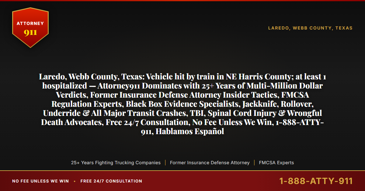 Laredo, Webb County, Texas: Vehicle hit by train in NE Harris County; at least 1 hospitalized — Attorney911 Dominates with 25+ Years of Multi-Million Dollar Verdicts, Former Insurance Defense Attorney Insider Tactics, FMCSA Regulation Experts, Black Box Evidence Specialists, Jackknife, Rollover, Underride & All Major Transit Crashes, TBI, Spinal Cord Injury & Wrongful Death Advocates, Free 24/7 Consultation, No Fee Unless We Win, 1-888-ATTY-911, Hablamos Español - Attorney911