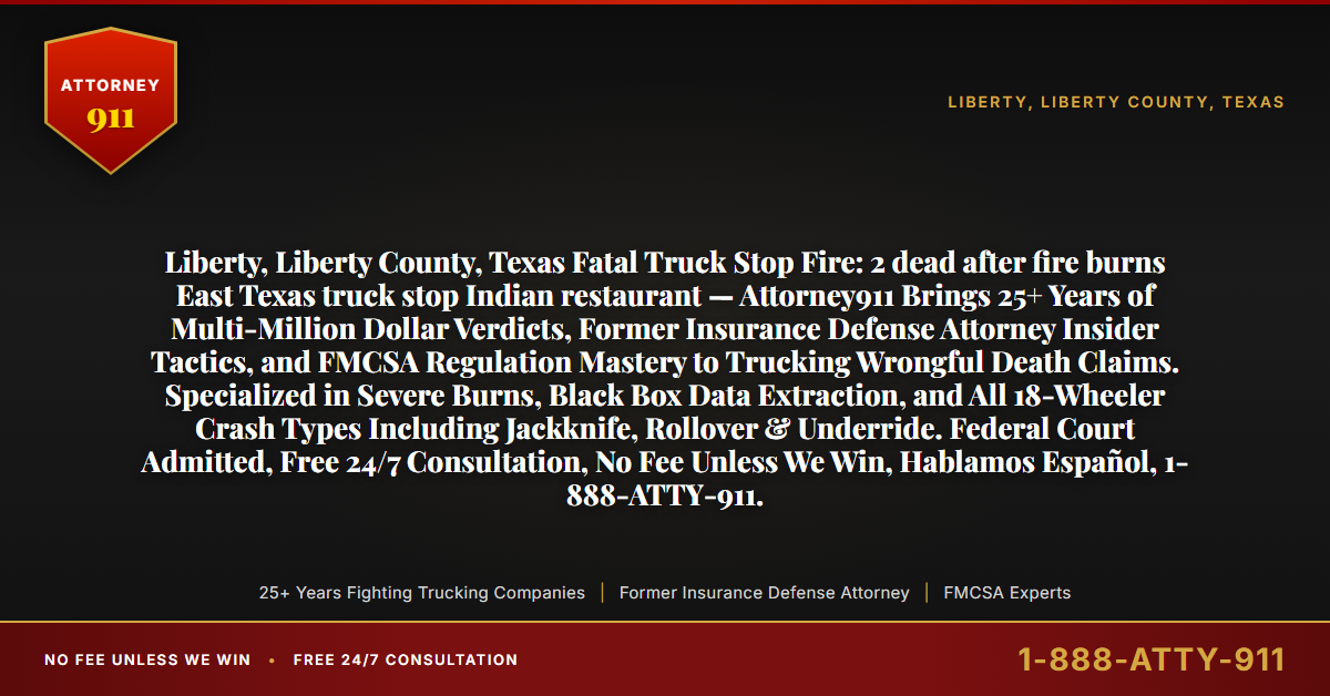 Liberty, Liberty County, Texas Fatal Truck Stop Fire: 2 dead after fire burns East Texas truck stop Indian restaurant — Attorney911 Brings 25+ Years of Multi-Million Dollar Verdicts, Former Insurance Defense Attorney Insider Tactics, and FMCSA Regulation Mastery to Trucking Wrongful Death Claims. Specialized in Severe Burns, Black Box Data Extraction, and All 18-Wheeler Crash Types Including Jackknife, Rollover & Underride. Federal Court Admitted, Free 24/7 Consultation, No Fee Unless We Win, Hablamos Español, 1-888-ATTY-911. - Attorney911