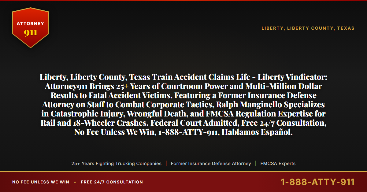 Liberty, Liberty County, Texas Train Accident Claims Life - Liberty Vindicator: Attorney911 Brings 25+ Years of Courtroom Power and Multi-Million Dollar Results to Fatal Accident Victims. Featuring a Former Insurance Defense Attorney on Staff to Combat Corporate Tactics, Ralph Manginello Specializes in Catastrophic Injury, Wrongful Death, and FMCSA Regulation Expertise for Rail and 18-Wheeler Crashes. Federal Court Admitted, Free 24/7 Consultation, No Fee Unless We Win, 1-888-ATTY-911, Hablamos Español. - Attorney911